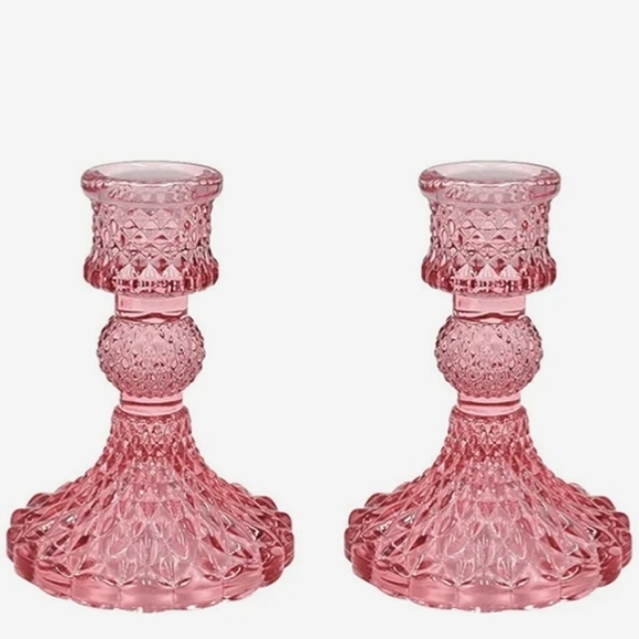 Set of 2 Berry Pink Faceted Glass Crystal Taper Candle Holders New Vintage Style - Picture 10 of 11